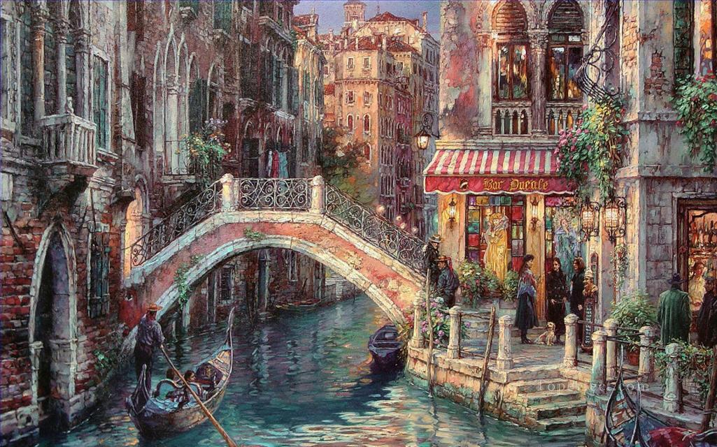 ヴェネツィアの運河橋の上の街並みの近代的な都市のシーン油絵